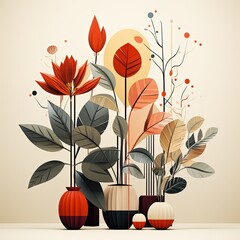 Stylized Monochrome Red Plant Illustration with Textured Lines