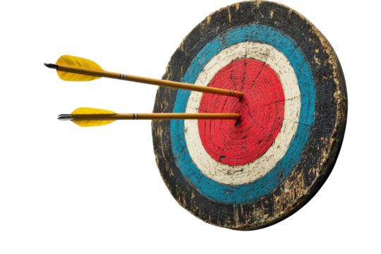 Two colorful arrows hit the center of a rustic archery target, showing skill and precision isolated on transparent background