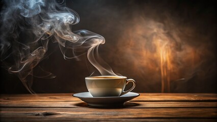 Aromatic Coffee Steam Rising from Ceramic Mug on Wooden Table