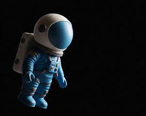 A blue-suited astronaut figure with white helmet and backpack, featuring a simple, cartoonish design against a black background. 