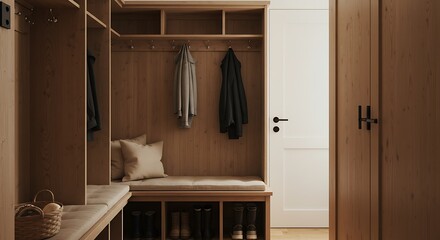 Hallway Mudroom Entryway Interior with Wooden Furniture and Minimalist Design