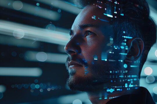 Futuristic man with digital code overlay