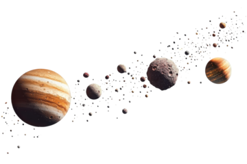 Exploring the vastness of space with a lineup of celestial bodies traveling through the cosmos isolated on transparent background