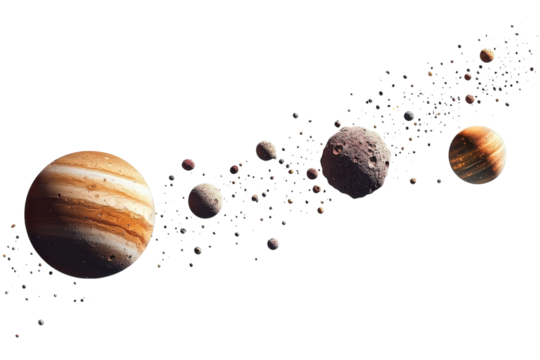 Exploring the vastness of space with a lineup of celestial bodies traveling through the cosmos isolated on transparent background