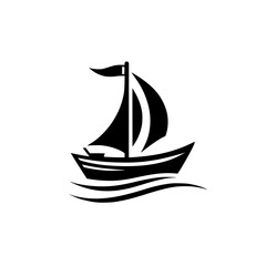 A minimalist black and white illustration of a sailboat at sea, showcasing a streamlined design against a plain white backdrop, conveying simplicity and serenity.