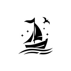 Stylized black and white minimalist illustration of a sailboat navigating waves, with a bird and stars against a white backdrop.