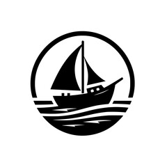 Monochromatic Sailing Boat Silhouette Within a Circular Frame, Depicting Ocean Waves and a Classic Ship Design.