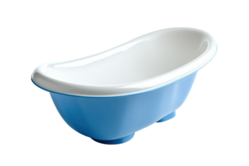 Classic blue baby bathtub designed for comfort and safety during bath time at home isolated on transparent background