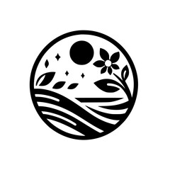 Fototapeta premium Minimalist Circular Graphic Depicting Tranquil Night Scene with Flower, Fields, Stars and Moon.