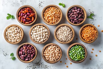Colorful beans arranged in wooden bowls on a light-colored surface