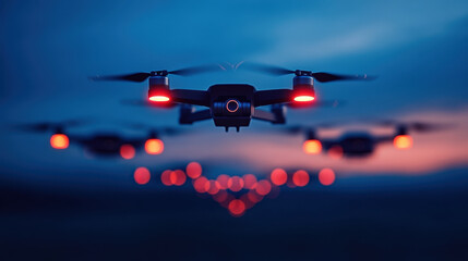 Drones flying in formation at night create mesmerizing display with their illuminated lights against dark sky, evoking sense of wonder and technological advancement