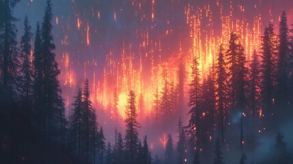 Forest Ablaze with Falling Sparks in Ethereal Night Landscape Scene