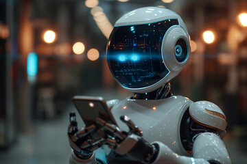 Fototapeta premium A futuristic humanoid robot interacts with a smartphone, showcasing advanced technology in a modern environment.