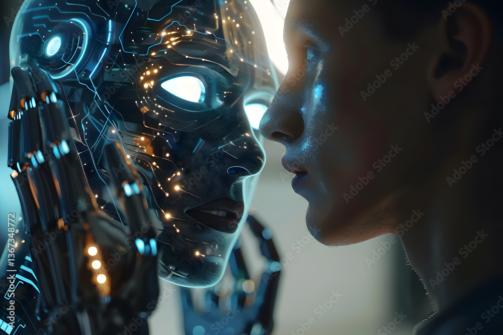 Poster Side view of a human and an ai robot about to touch, highlighting technology integration