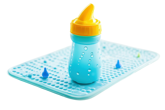 A vibrant baby sippy cup resting on a textured mat, brightening up the playtime space isolated on transparent background