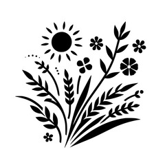 A symmetrical black and white illustration, depicting a stylized sun, wheat, and various floral elements arranged in a clustered, organic composition.