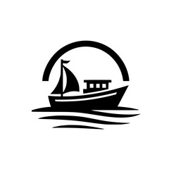 A stylized monochrome logo features a boat sailing atop gentle waves, framed by an arch and set against a white background.