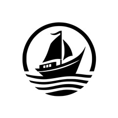 Elegant monochrome vector logo depicting a sailboat traversing stylized ocean waves within a circular frame, evoking a sense of adventure and travel.
