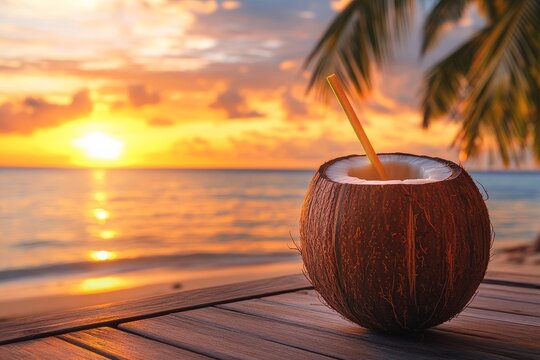 Sipping a fresh coconut drink while watching the sunset at a tropical beach