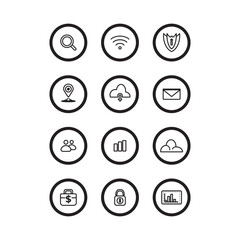 Set of 12 black and white line icons in circular frames, representing search, Wi-Fi, security, location, cloud, email, users, analytics, finance, and data protection for digital applications.