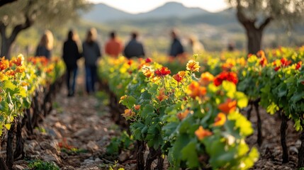Obraz premium A group of people are walking through a field of flowers