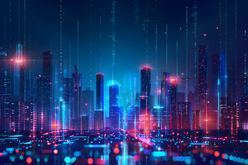 Futuristic city skyline with digital networks