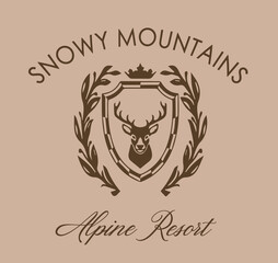 Deer hear crest horns antler Ski club alpine mountain adventure winter cosy sports Varsity College Trending Graphic Tee t-shirt logo slogan artwork typography tote badge emblem crest explore camping 