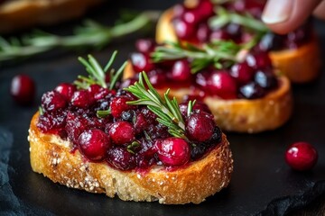 Savory pomegranate bruschetta topped with fresh herbs on a rustic dish