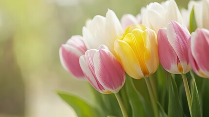 Naklejka premium Blossoming Tulip Bouquet: A close-up captures a vibrant bouquet of tulips, showcasing a spectrum of colors and textures, from soft pastels to sunny yellows.
