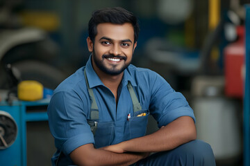 Obraz premium Smiling Mechanic Portrait Wearing Blue Overalls in Workshop Photo