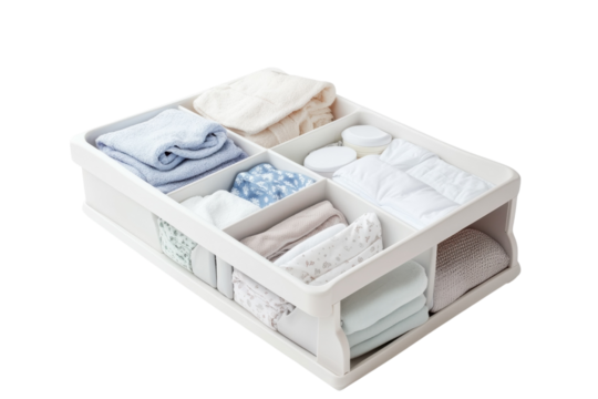 Neatly organized drawer filled with various fabric items in a tidy storage container isolated on transparent background