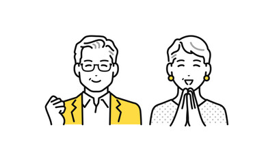 笑顔で喜ぶ富裕層シニア夫婦のシンプルな人物アイコンセット