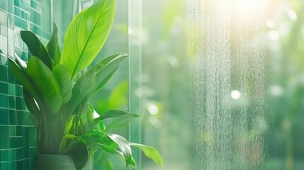 Serene Shower Oasis: A lush green plant flourishes in a spa-like bathroom, illuminated by soft light and water droplets, creating a refreshing and rejuvenating ambiance. 