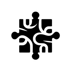 A minimalistic, high-contrast black jigsaw puzzle piece, signifying unity, problem-solving, and collaboration against a pure white background.