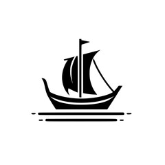 Minimalist Black and White Viking Ship Illustration on White Background, Representing Travel and Exploration.