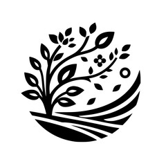 Stylized monochrome emblem of a thriving tree with lush leaves, delicate flowers, and falling elements, encompassed by a circular frame, set against a serene, minimalist backdrop, embodying growth and