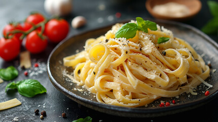 A close-up of delicious fettuccine pasta topped with fresh basil and grated cheese, surrounded by cherry tomatoes and spices.