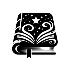 A stylized, black and white illustration of an open, magical book with a starry sky within its pages, featuring swirls and a bookmark.