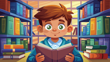 Closeup America boy reading text book in library.