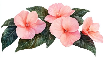 Pink impatiens  isolated  images in watercolor 