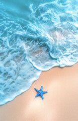 One starfish lies on the sandy beach next to the blue sea