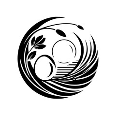 Elegant Monochrome Logo: A Nest with Eggs and Foliage in a Circular Composition, Symbolizing Renewal and Growth.