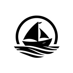 A stylized, black and white logo depicting a sailboat, encircled by a simple arc, sailing upon stylized waves, evoking nautical and maritime themes.