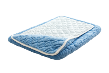 Soft blue blanket with a quilted white underside resting on a bright surface for cozy moments isolated on transparent background