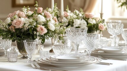 Fototapeta premium An elegant dining table set for a wedding feast, complete with floral arrangements and crystal glassware