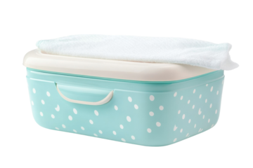 This delightful teal storage container features playful white polka dots and a snug lid isolated on transparent background
