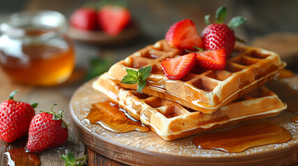 Delicious golden waffles topped with fresh strawberries and mint, drizzled with honey.