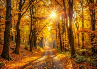Obraz premium Autumn Forest Path: Sunlit Yellow Leaves Trail, Copy Space