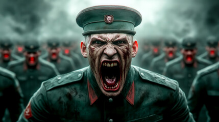 Obraz premium Furious military leader barking orders to rows of obedient soldiers