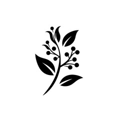 Stylized Black and White Botanical Illustration Depicting a Delicate Branch with Berries and Leaves Against a Plain White Background.